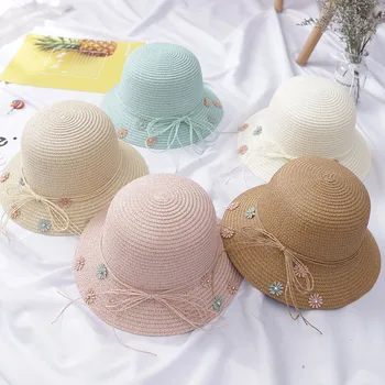Noi florale pălărie de paie pentru copii fete de Vară pălărie de soare + genti seturi de Copii printesa Panglica de vacanta plaja panama capac gorros