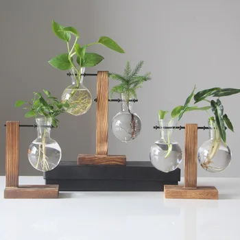 Noi Hidroponice De Plante Vase De Epocă Ghiveci De Flori Vaza Transparenta Cadru De Lemn, Masă De Sticlă Plante Decor Acasă Cadouri De Partid