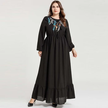 Noi Musulman Arab Femei Brodate Arc Maneca Lunga Talie Elastic Rochie Maxi Islamic Dubai Turcia Fusta Eleganta Orientul Mijlociu