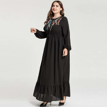 Noi Musulman Arab Femei Brodate Arc Maneca Lunga Talie Elastic Rochie Maxi Islamic Dubai Turcia Fusta Eleganta Orientul Mijlociu