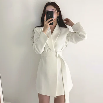 NOI Toamna anului 2019 retro alb-negru simplu temperament talie subțire curea haină lungă pentru femei