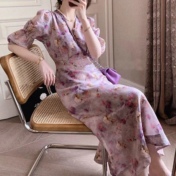 Noi V-Gât Rochie Floral Pentru Femei Mâneci Lungi Elegante Stil Coreean Haine De Sex Feminin Subțire De Moda Rochie Retro Vintage De Vară 2020