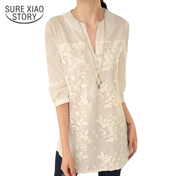 Noi V-neck Organza Brodata Cămașă Albă de Dantelă Bluza de Sus, Plus Dimensiunii Vară coreean Femei Bluza cu Flori femei Bluza 566F 25