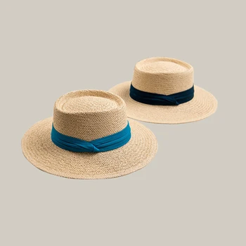 Noi vara pălărie de soare doamnelor moda fată pălărie de paie cu panglică arc plaja palarie casual iarba flat top pălărie panama os femei vizor capac