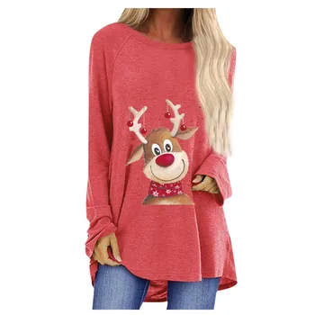 Noile Tricouri Femei Crăciun Imprima O-gât Vrac Maneca Lunga T-shirt Top Grafic Teuri Топ Cald Pulover de Haine de Crăciun