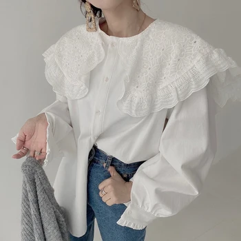 Nomikuma coreean Embroideried Peter Pan Guler Bluza Tricou de Cauzalitate Puff Maneca Lunga Femei Top 2021 Primăvară Nouă de Cauzalitate Blusas 6E318