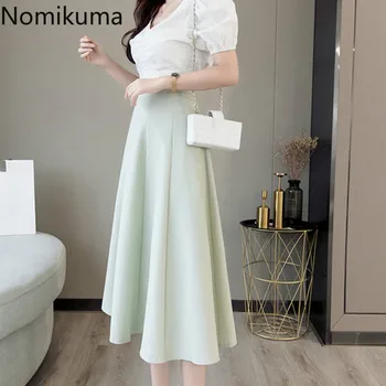 Nomikuma New Sosire O Linie Fusta Talie Mare cu Fermoar Spate Culoare Solidă Elegant OL Fuste Femei Moda coreeană Faldas Mujer 3a298