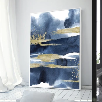 Nordic Abstract Auriu Albastru Cerneală Wall Art Print și Poster Pânză Gâfâind Imagine pentru Camera de zi de Decorare Dormitor Decor Acasă