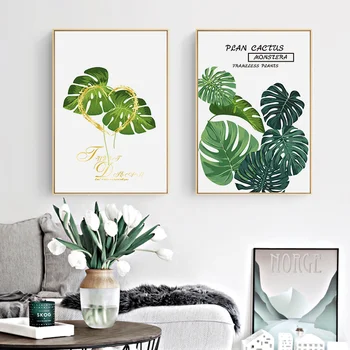 Nordic Acuarelă Planta Monstera Verde Cu Imprimeu Frunze De Perete De Arta Canvas Tablou Poster Tablouri Moderne Pentru Living Decor Acasă