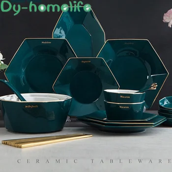 Nordic Alb-Negru Linie Verde Linia de Aur în formă de Diamant Set Tacamuri din Ceramică de Bucătărie de uz Casnic Bone China Farfurie, Castron, Lingura