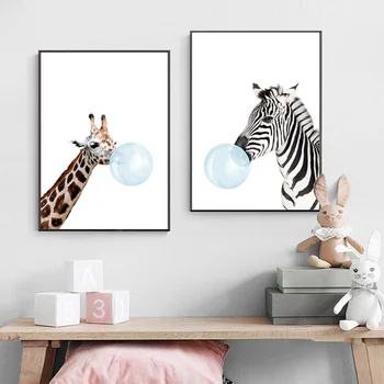 Nordic Arta De Perete De Desene Animate Minunat De Animale Vii Zebra Girafe Panza Poster Pepinieră De Imprimare Imagine Pictură Pentru Copii Decor Dormitor