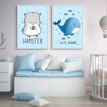 Nordic Fata De Camera De Pictură Murală De Animale Drăguț Balena Elefant Hamster Panza Poster Print Acasă Camera Copiilor Decor Pictural