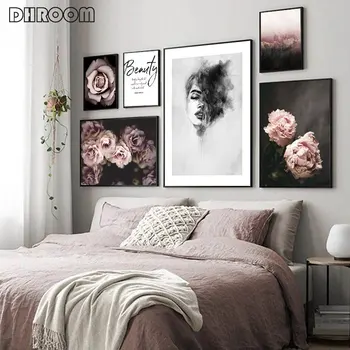 Nordic Moda De Perete De Arta Canvas Print Floral De Flori De Trandafir Poster Alb-Negru Femeie Pictura Fată Cameră Decor Acasă Imagine