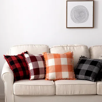 Nordic simplu zăbrele pompom față de pernă față de pernă decor acasă 45x45cm de bumbac și lenjerie de pat canapea pernă
