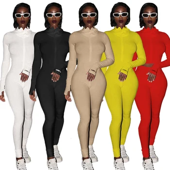 Noroc Eticheta Salopeta Femei Solidă Maneca Lunga Set De Fitness Costum Sport Cu Fermoar Corpul Broderie Salopeta Pentru Femei 2020