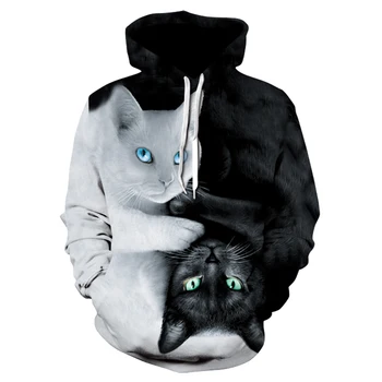 Nou animal-caracter print hoodie 3d pisica alb-negru hanorac, 2019 brand jumper bărbați și femei hip-hop streetwear subțire coa