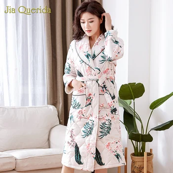 Nou Haine Femeie În Halat Alb Florale Imprimare Lenjerie Haina Plus Dimensiune Halat De Casă Femeie Rochie 3 Strat Căptușit Bumbac Iarnă Kimono