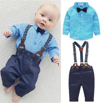 Nou-Născut Copii Baby Boy Domn Haine Seturi Papion Camasa Carouri+Suspensor Pantaloni Pantaloni Costum Set
