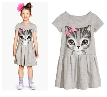 Nou Stil Fete Arcul Pisica Rochie de Imprimare Copii Bumbac Pisica Pentru Fata Rochie