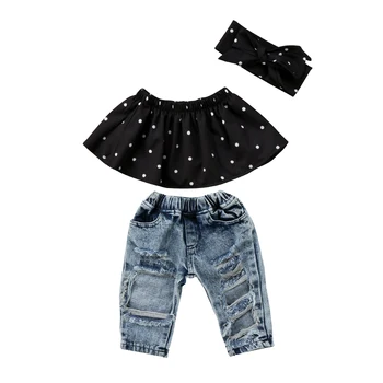 Nou Stil pentru Sugari Fete pentru Copii Haine de Vară fără Mâneci Dot Top +Blugi +Gaura Bentita 3pcs Costume de Haine Set