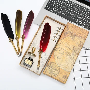 Nou și unic! Pene naturale muiată stilou set de scris cu cerneală de lux cutie de cadou poate fi personalizat cu LOGO-ul cadouri de Craciun