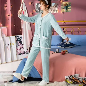 Noua Moda Caldă Femei Pijama Set De Iarna Toamna De Sex Feminin Pijamale Pijamale Dantela Roz Pijamale Flanel Gros Cald Doamnelor Sleepwear