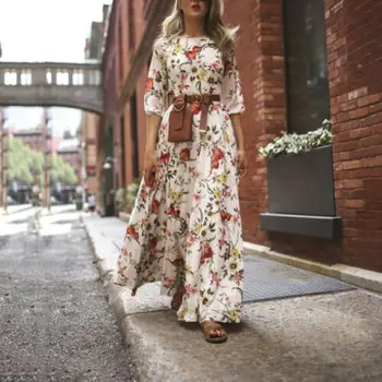 Noua Moda de Vânzare Fierbinte Femei Maxi Rochie Boho Print Floral Mare-talie Maneca Trei sferturi Doamna de Vară pe Plajă Sundress Lung S-XL