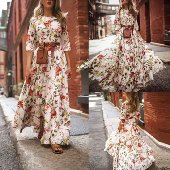 Noua Moda de Vânzare Fierbinte Femei Maxi Rochie Boho Print Floral Mare-talie Maneca Trei sferturi Doamna de Vară pe Plajă Sundress Lung S-XL