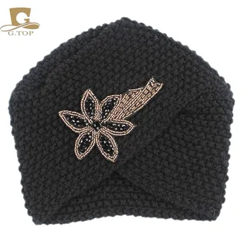 Noua Moda Doamnelor Cald Iarna florale Stras mână tricot Turban Bling Beanie Croșetat Headwrap Femei Pălărie Capac