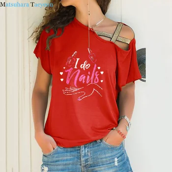 Noua Moda Manichiura t shirt de Imprimare tricou Femei din Bumbac Casual Amuzant Tricouri Neregulate Oblic Cuie de Cruce Bandaj Top Tee
