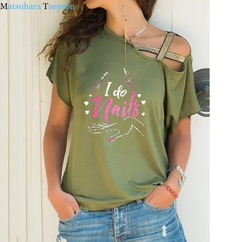 Noua Moda Manichiura t shirt de Imprimare tricou Femei din Bumbac Casual Amuzant Tricouri Neregulate Oblic Cuie de Cruce Bandaj Top Tee
