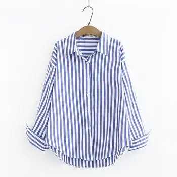 Noua toamna iarna doamnelor plus dimensiune topuri pentru femei mare, bluza cu maneca lunga de bumbac largi butonul albastru stripe shirt 4XL 5XL 6XL