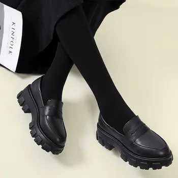 Noua Toamna Pantofi Femei Din Piele Dantela Sus Fund Gros Platforma Pantofi Oxford Pentru Femei Cataramă De Metal Solid Negru Pantofi Casual Femei