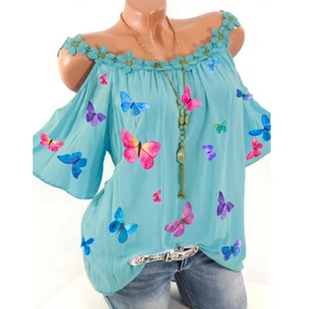 Noul S-5XL Femei de Vară de Moda Casual, de Pe Umăr Dantelă Guler Fluture de Imprimare T-shirt Doamnelor Elegante Streetwear Topuri pentru Femei