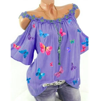 Noul S-5XL Femei de Vară de Moda Casual, de Pe Umăr Dantelă Guler Fluture de Imprimare T-shirt Doamnelor Elegante Streetwear Topuri pentru Femei