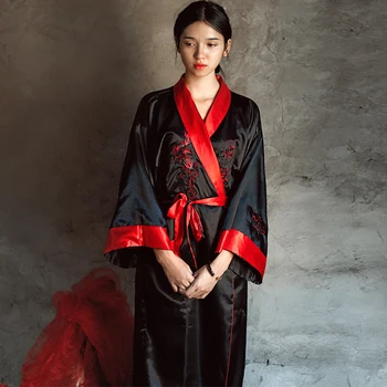 Noutatea Reversibila Negru Rosu Femei, Kimono Yukata Satin Brodat Dragon Cămașă De Noapte O Mărime Halat Rochia Două Laterale Sleepwear