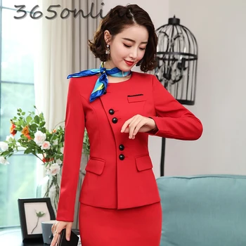 Noutatea Roșu Formale pentru Femei Costume de Afaceri cu Fusta si Jachete de Blana sediul Profesional Doamnelor Sacouri OL Stiluri cu Eșarfă