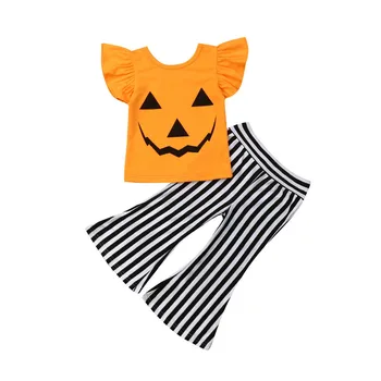 Nouă Copii Copii mici Copil Fata de Halloween Dovleac T-shirt Zburli Topuri+Dungi Pantaloni Festival Fete Costum de Haine Set