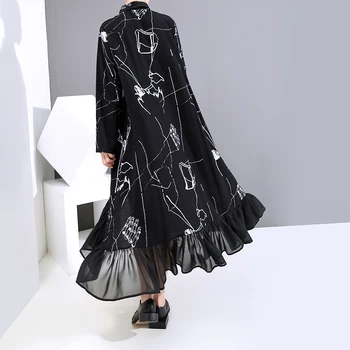 Nouă Femei Plus Dimensiune Toamna Cu Maneci Lungi Negru Tricou Vintage Rochie De Sifon Imprimat Volane Doamna Rochie Casual, Halat De Stil Liber 6505