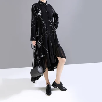 Nouă Femei Plus Dimensiune Toamna Cu Maneci Lungi Negru Tricou Vintage Rochie De Sifon Imprimat Volane Doamna Rochie Casual, Halat De Stil Liber 6505