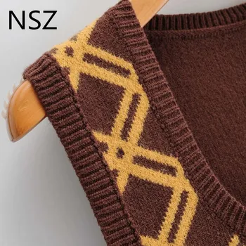NSZ femei Argyle fără mâneci pulover crop top tricotate de toamna de moda doamnă fără mâneci carouri pulovere vesta blana vesta trage