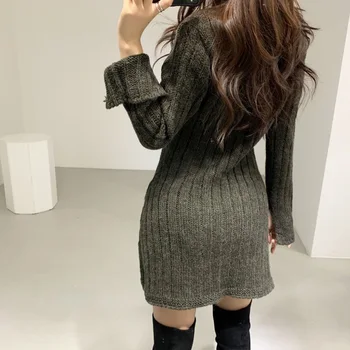 O Singură Bucată Rochie De Epocă Femei Coreene Pulover Tricot Rochie 2020 Nouă Toamnă Single-Breasted Adânc V Guler Rochii Mini Femme Vestido