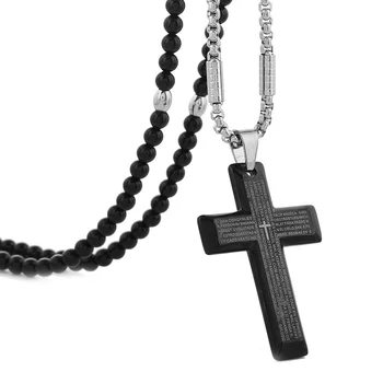 Oamenii Cruce Colier din Otel Inoxidabil Negru Crucifix Biblia Rugăciune Pandantiv Colier Agat Negru Colier 27 inch Lanț