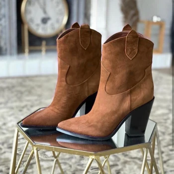 OIAH 2020 Noi de Iarna Femei Pantofi Casual Fashion Glezna Cizme de Cowboy Vest la Mijlocul Toc Pătrat Cizme de piele de Căprioară Maro, Pantofi Negri