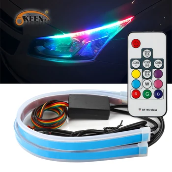 OKEEN Auto 12V cu Led DRL Lumini de Zi cu LED-uri RGB Benzi Lampa Far Curge Rândul său, Galben Semnal Flexibil Universal Pentru Masini