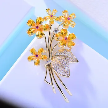 OKILY Delicate Galben Zircon Floare Broșe Moda Planta Buchet Broșă Pin Costum Accesorii pentru Femei Rochie de Mireasa Ornament