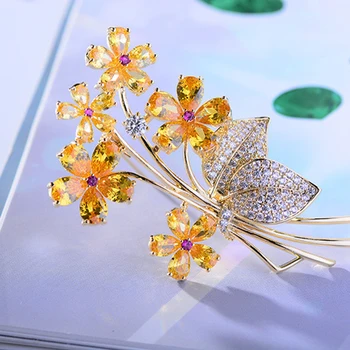 OKILY Delicate Galben Zircon Floare Broșe Moda Planta Buchet Broșă Pin Costum Accesorii pentru Femei Rochie de Mireasa Ornament