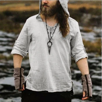 Omul Retro Medieval Pirat Viking Cosplay Tricou Casual Vintage sex Masculin cu Gluga Cavaler Lenjerie de pat Renașterii Nordice Tunica Bandaj T-shirt