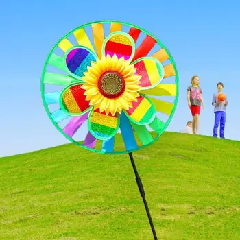 OOTDTY Dublu Strat Sequin Floarea-soarelui Moară de vânt Wind Spinner Messier Colorate Casa Gradina Curte de Decorare pentru Copii în aer liber pentru Copii Jucarii
