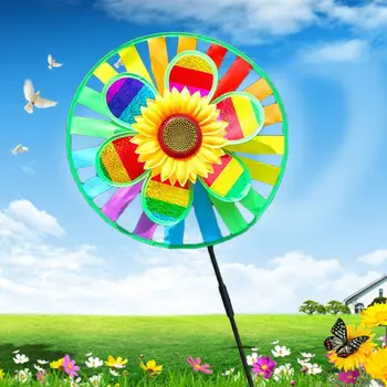 OOTDTY Dublu Strat Sequin Floarea-soarelui Moară de vânt Wind Spinner Messier Colorate Casa Gradina Curte de Decorare pentru Copii în aer liber pentru Copii Jucarii